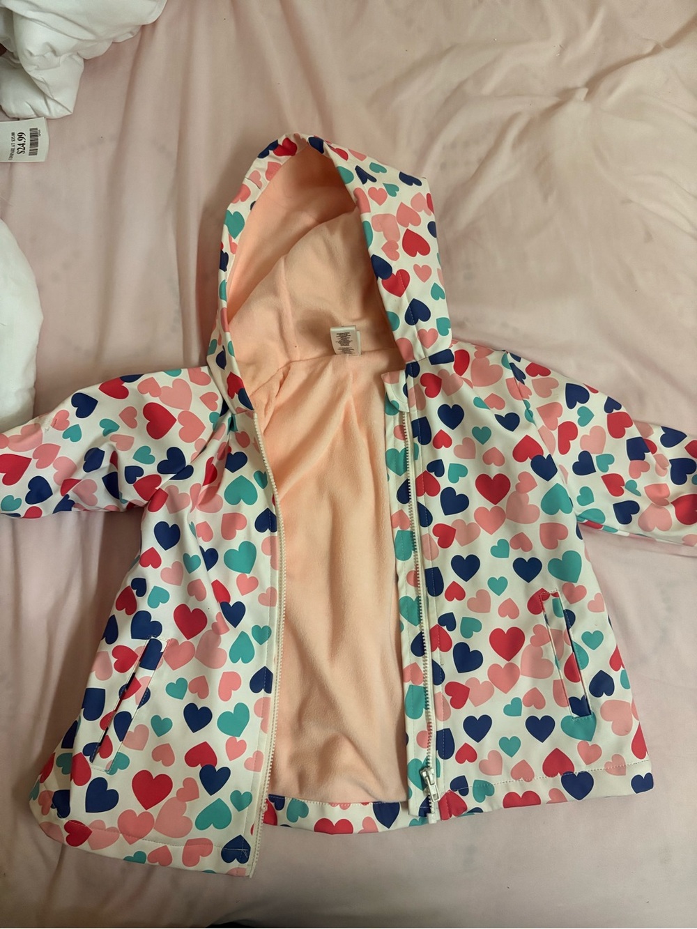 Girls' Heart Print Hooded Rain Jacket - Pink Multi